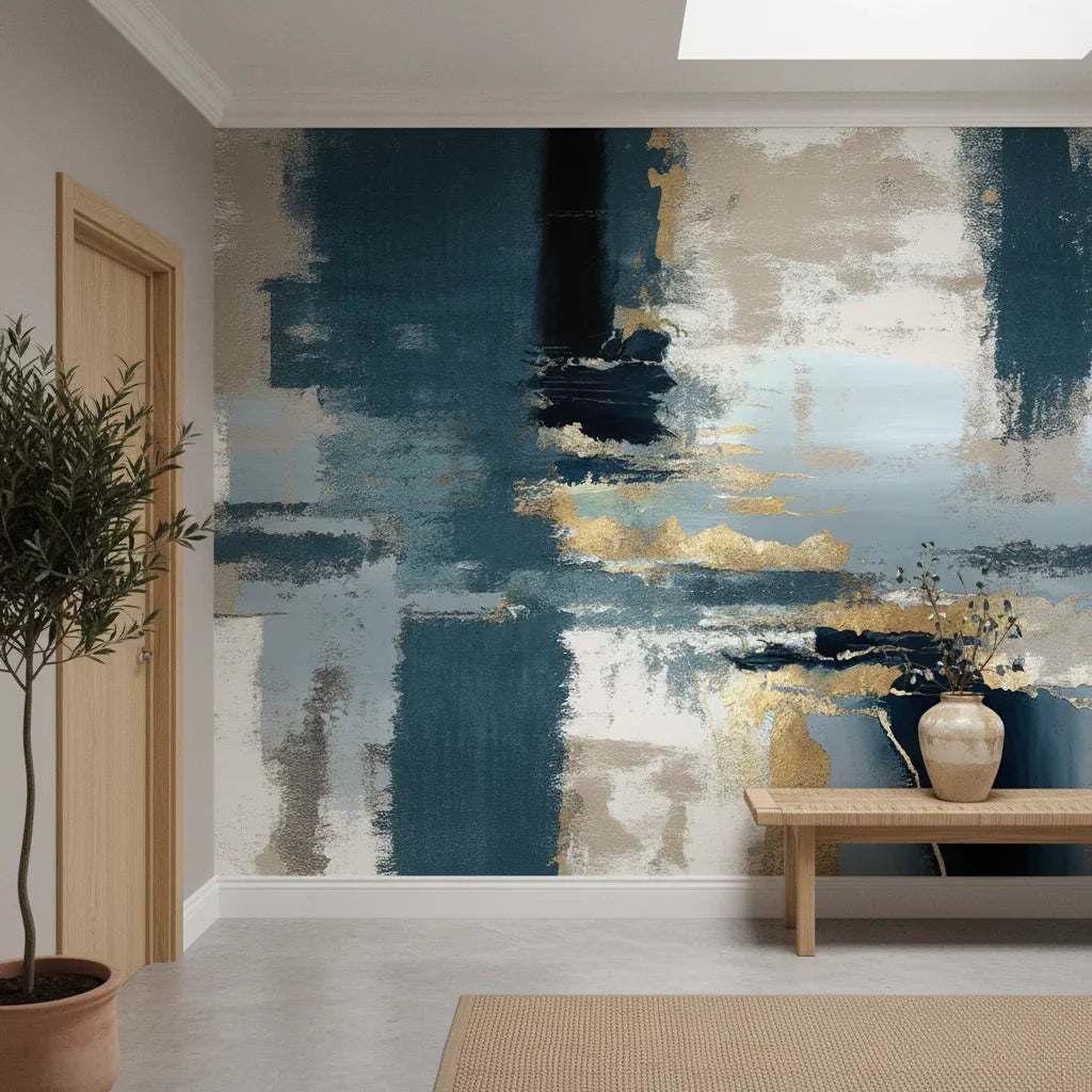 Amber Fog moody navy gold abstract creating ambiance in a serene bathroom