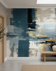 Amber Fog moody navy gold abstract creating ambiance in a serene bathroom