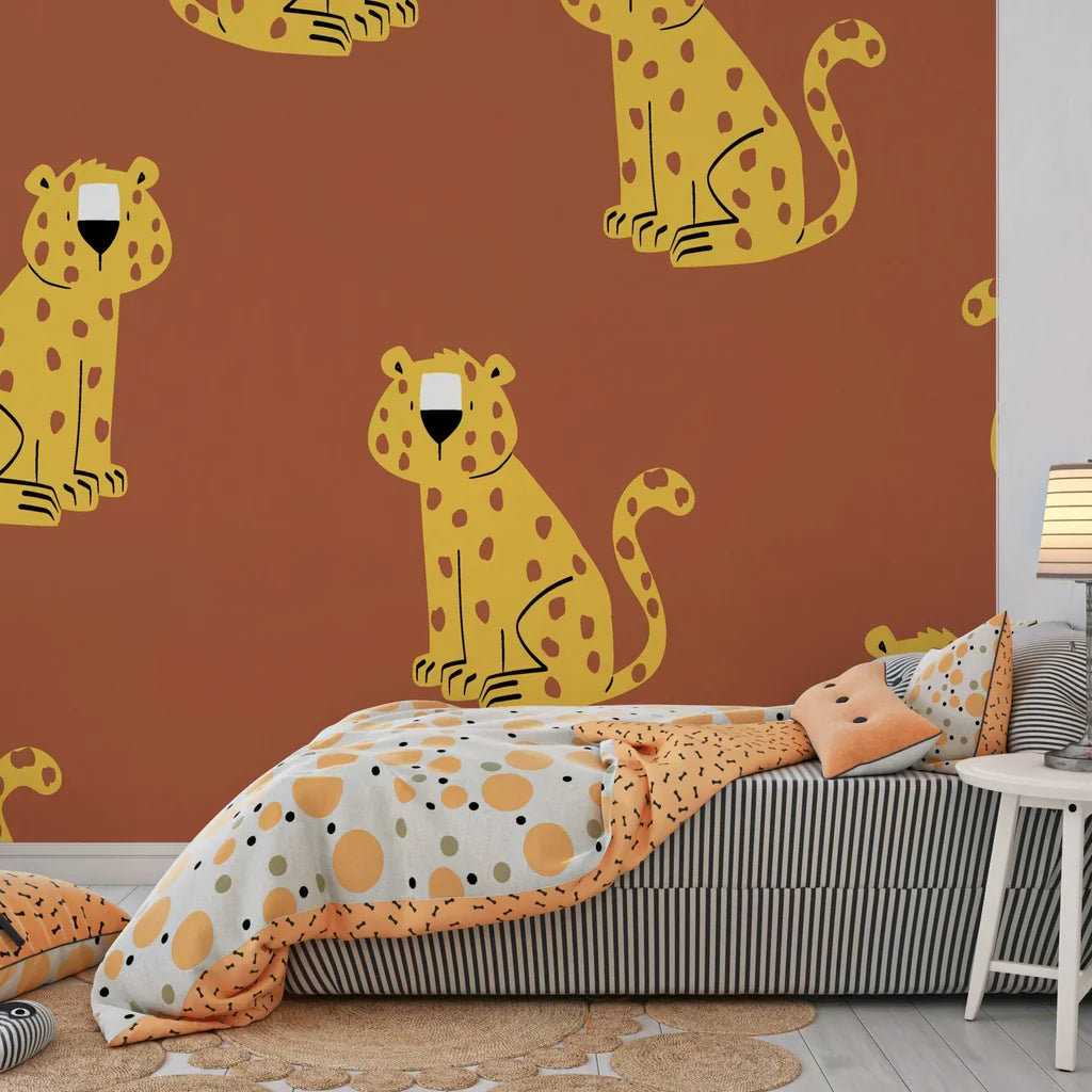 Removable wallpaper featuring a seamless tawny and gold predatory feline pattern with a matte finish. - Amber Glimmer