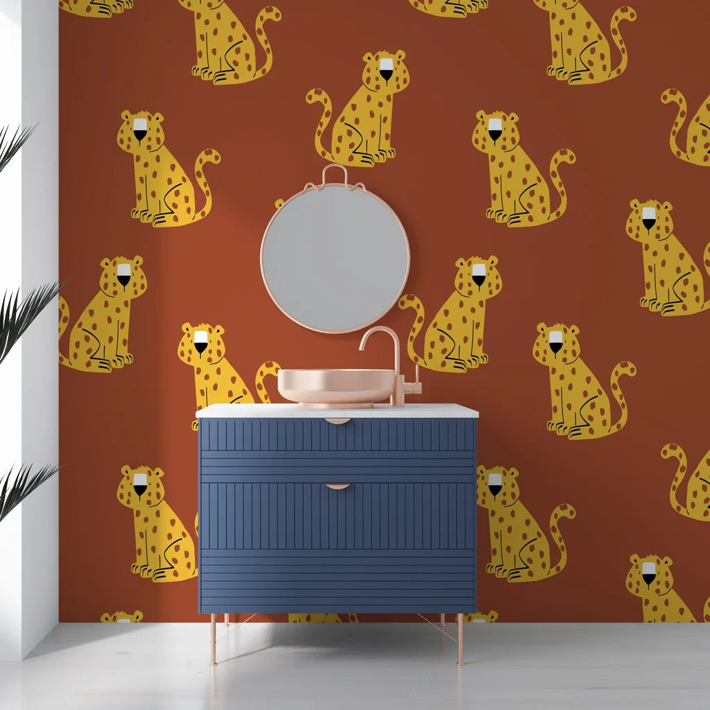 Modern animal print decal showcasing rhythmic rust-colored and amber leopard rosettes on a smooth surface. - Amber Glimmer