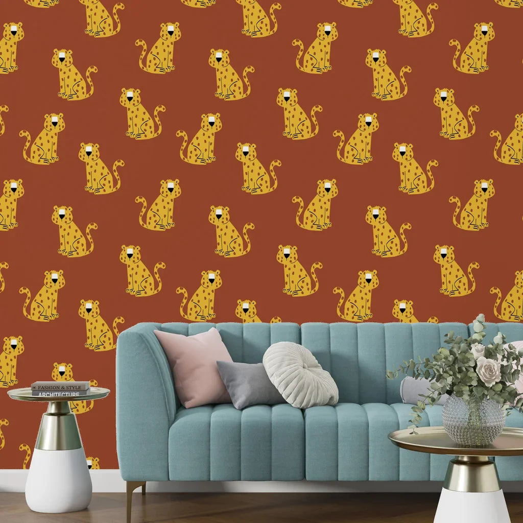 Vibrant yellow and terracotta leopard-themed peel-and-stick mural for interior accent walls. - Amber Glimmer