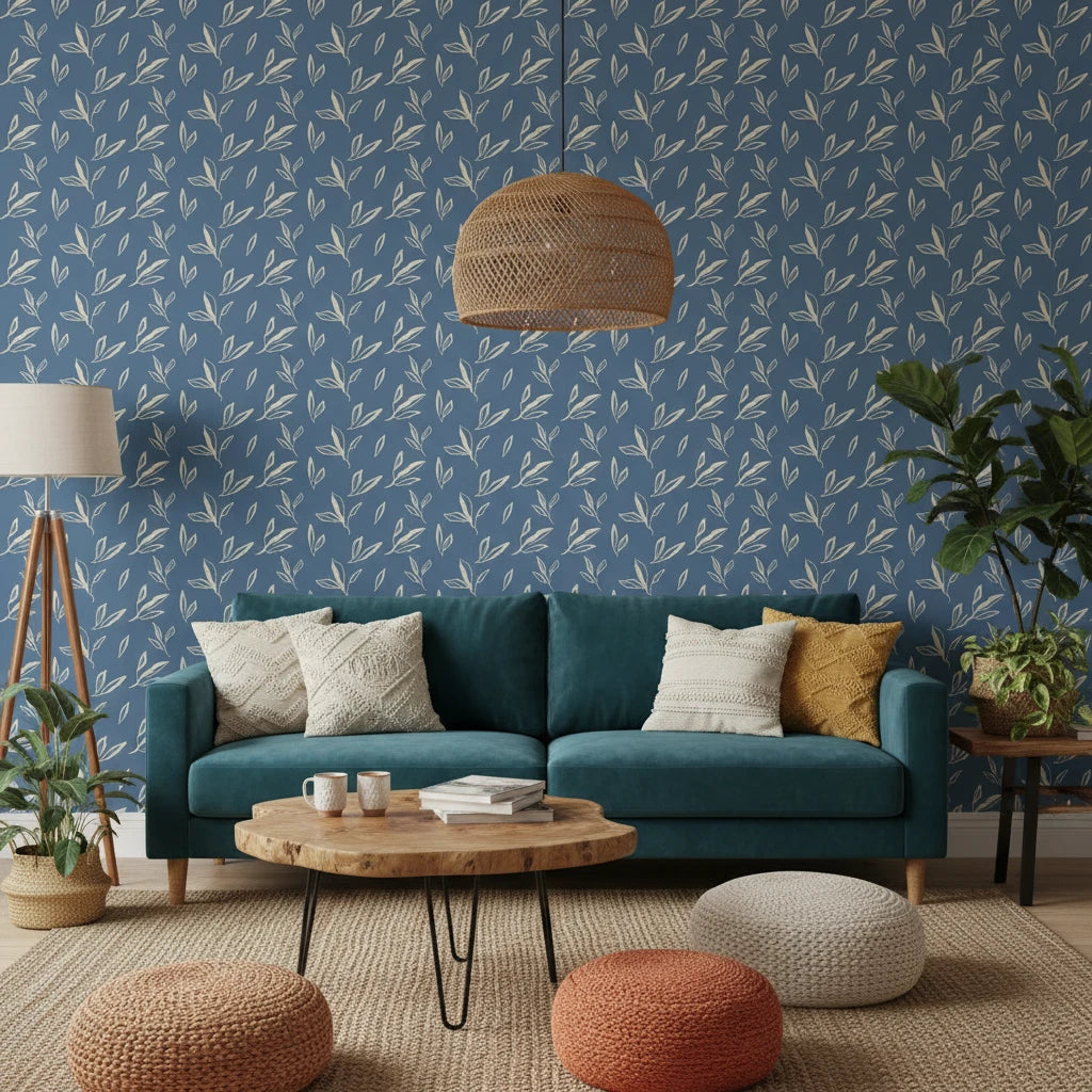 Amber Hour blue botanical leaf wallpaper in a warm and inviting living room