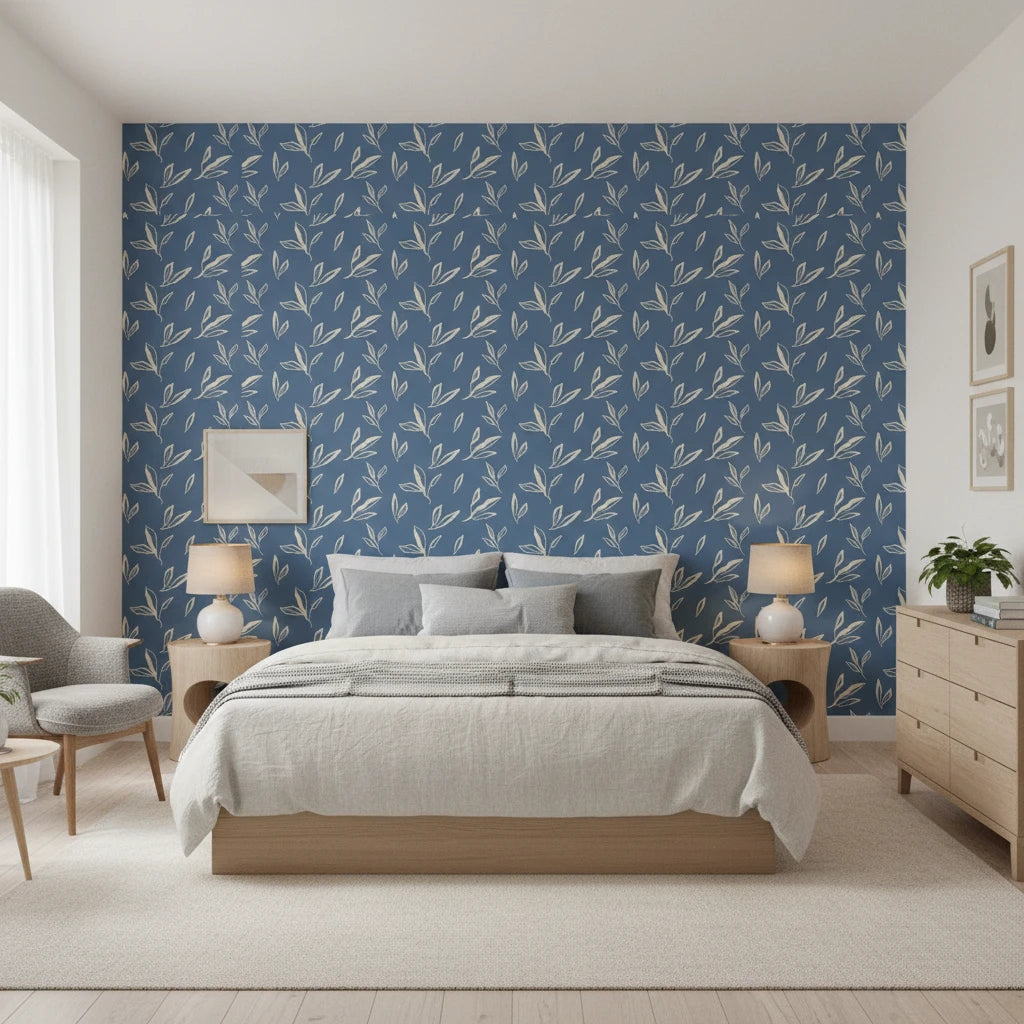 Amber Hour blue botanical leaf wallpaper adding character to a cozy bedroom