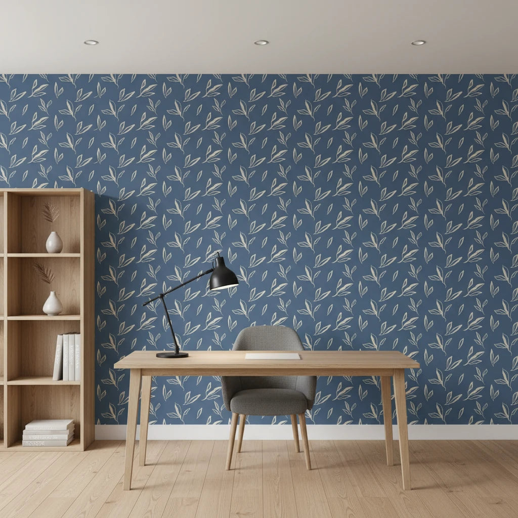 Amber Hour blue botanical leaf wallpaper as a feature wall in a bright home office