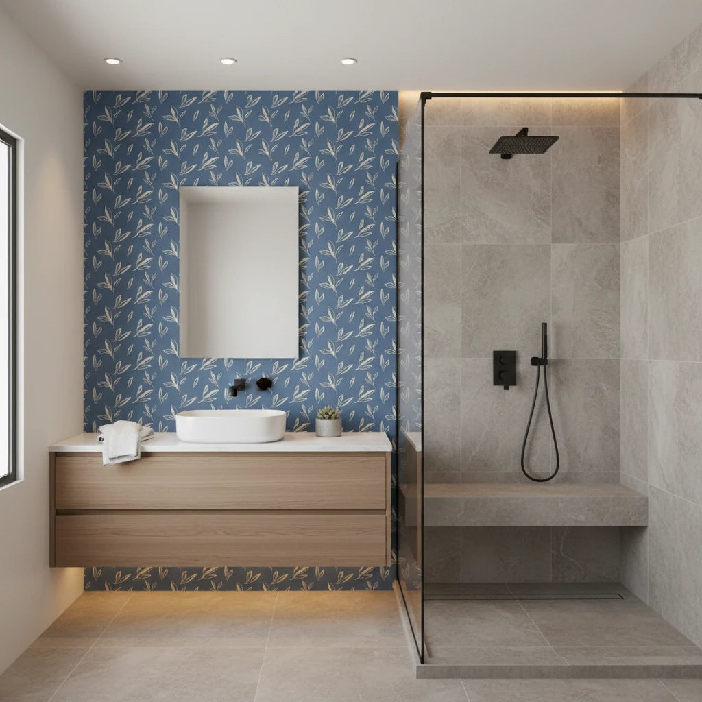 Amber Hour blue botanical leaf wallpaper creating ambiance in a serene bathroom