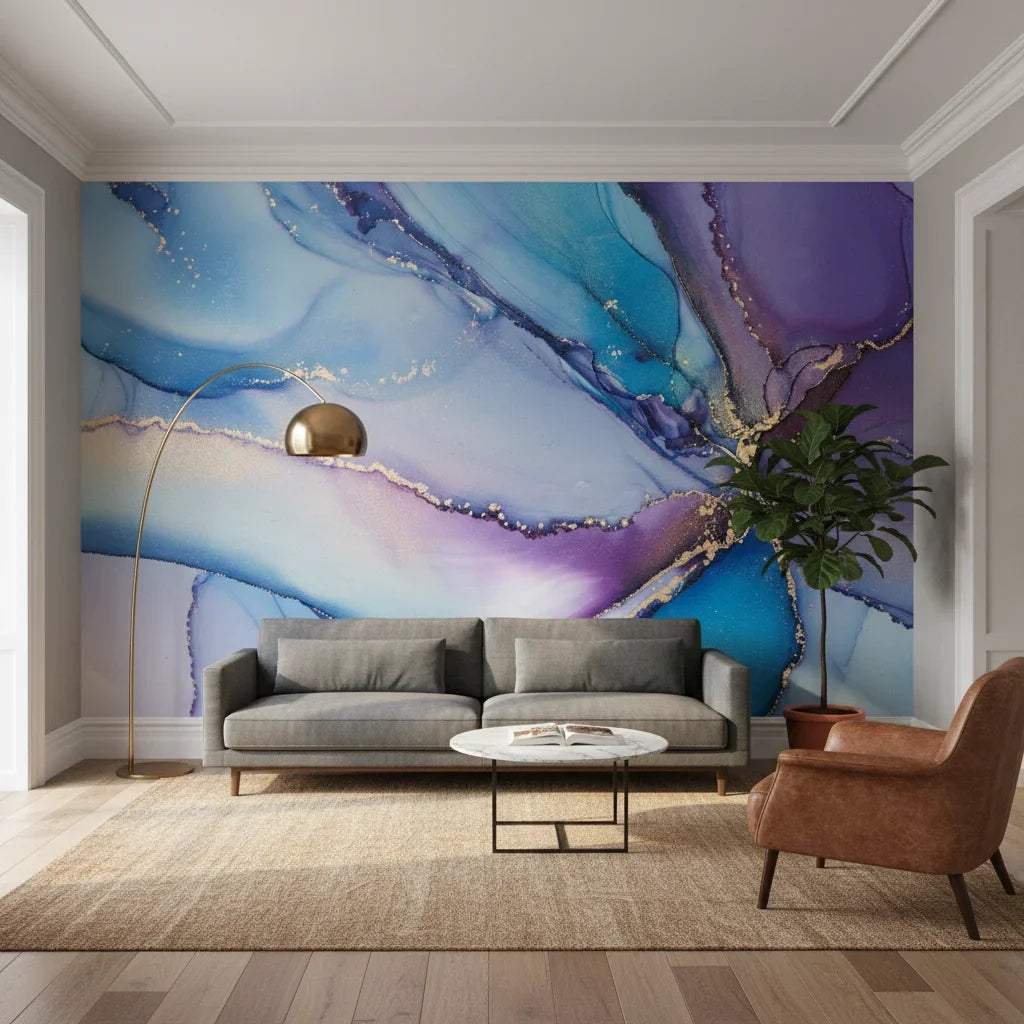 Amethyst Tide bold purple blue marble in a warm and inviting living room