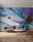 Amethyst Tide bold purple blue marble in a warm and inviting living room