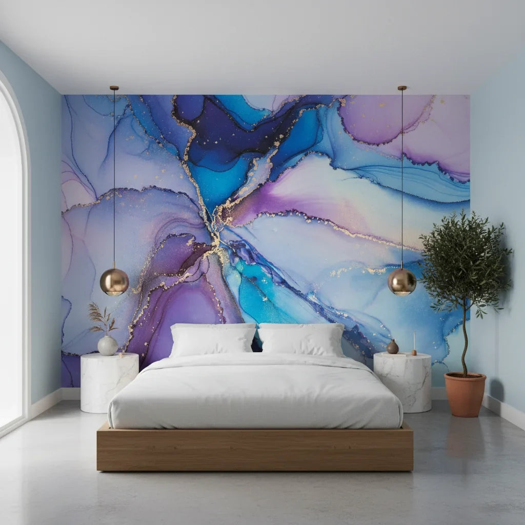 Amethyst Tide bold purple blue marble adding character to a cozy bedroom