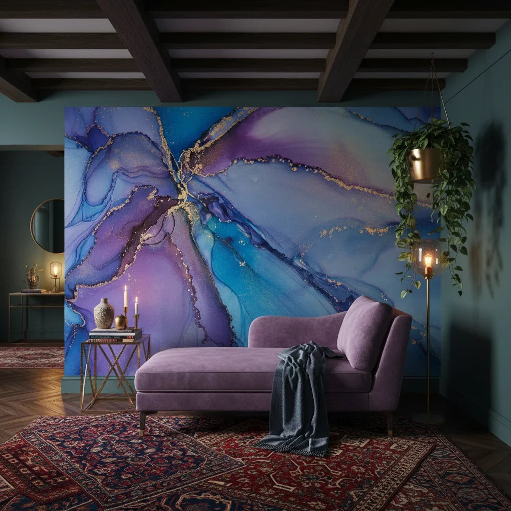 Amethyst Tide bold purple blue marble as a feature wall in a bright home office