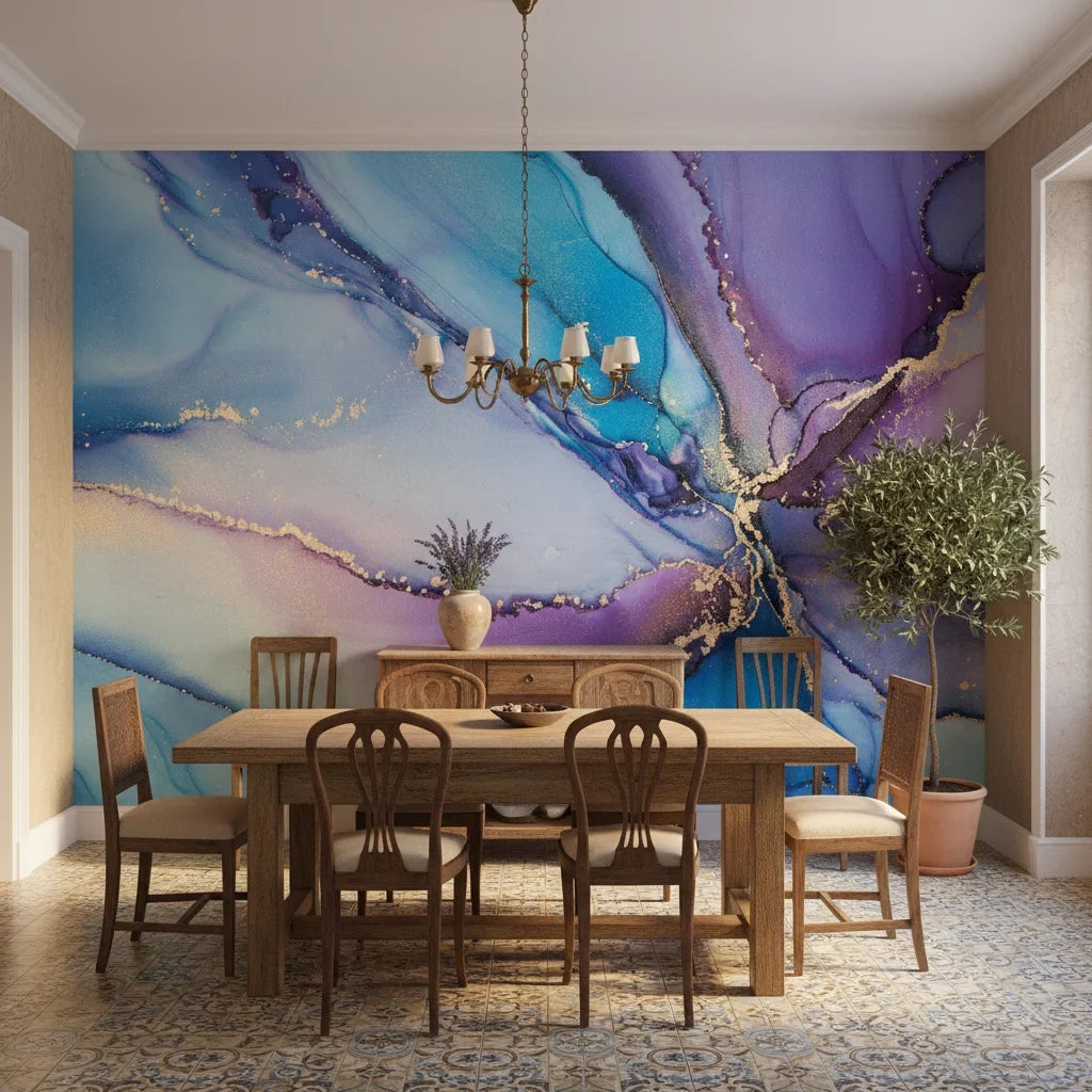 Amethyst Tide bold purple blue marble creating ambiance in a serene bathroom