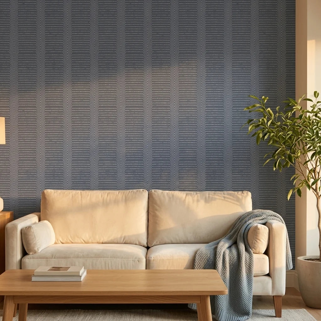 Anchor Chain navy geometric peel and stick wallpaper in a warm and inviting living room