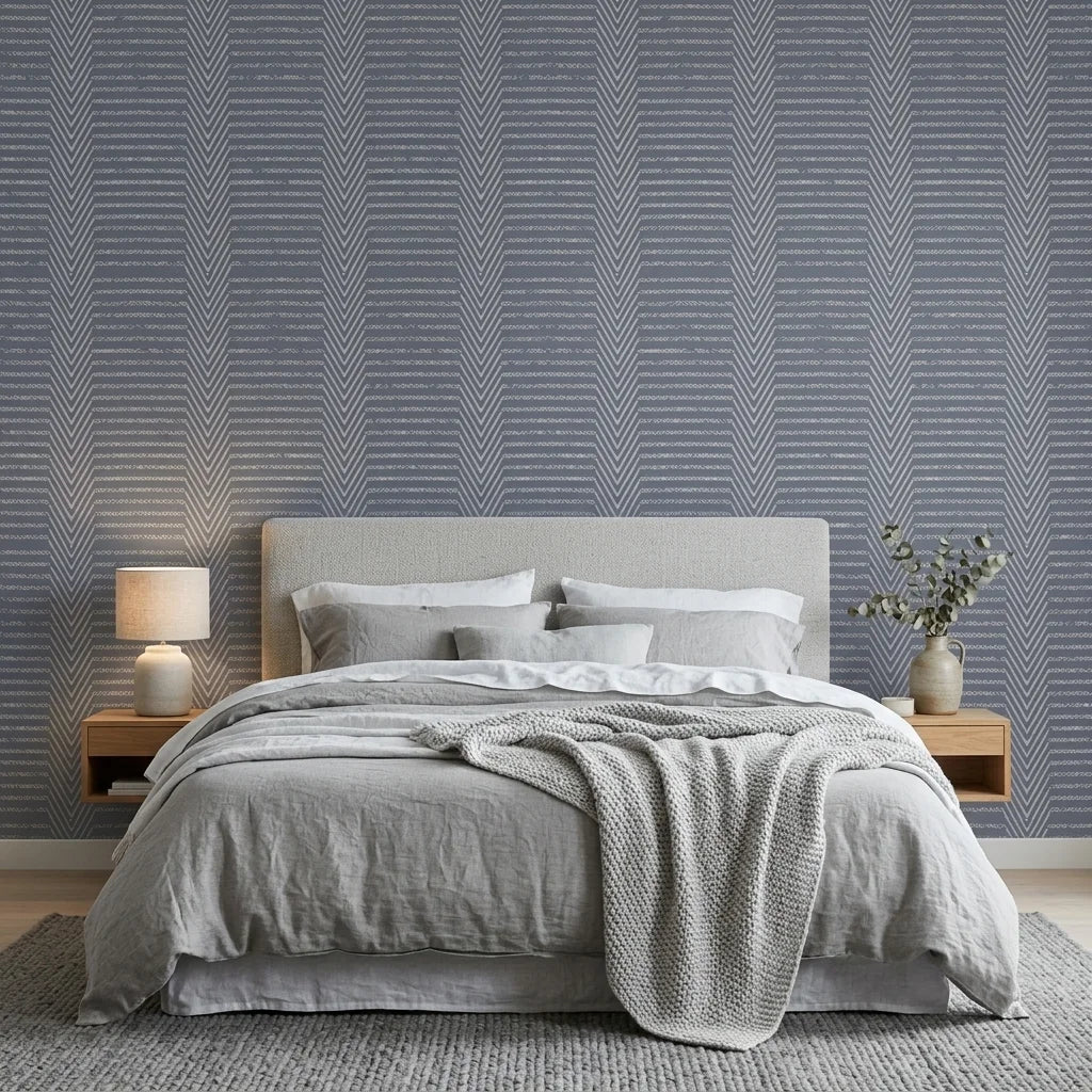 Anchor Chain navy geometric peel and stick wallpaper adding character to a cozy bedroom
