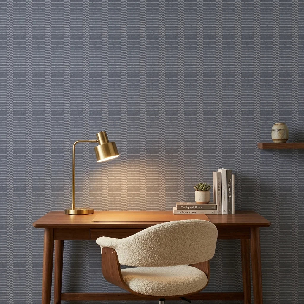 Anchor Chain navy geometric peel and stick wallpaper as a feature wall in a bright home office