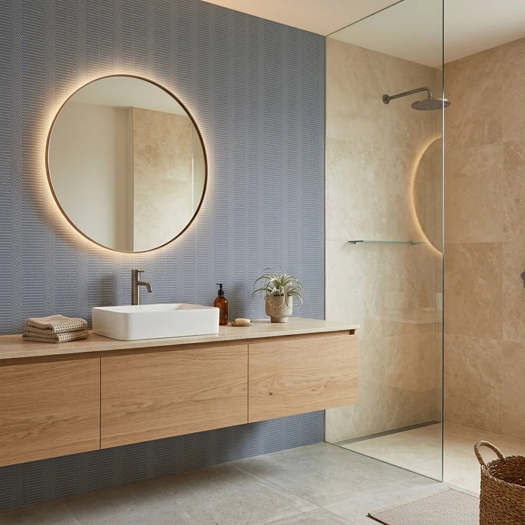 Anchor Chain navy geometric peel and stick wallpaper creating ambiance in a serene bathroom