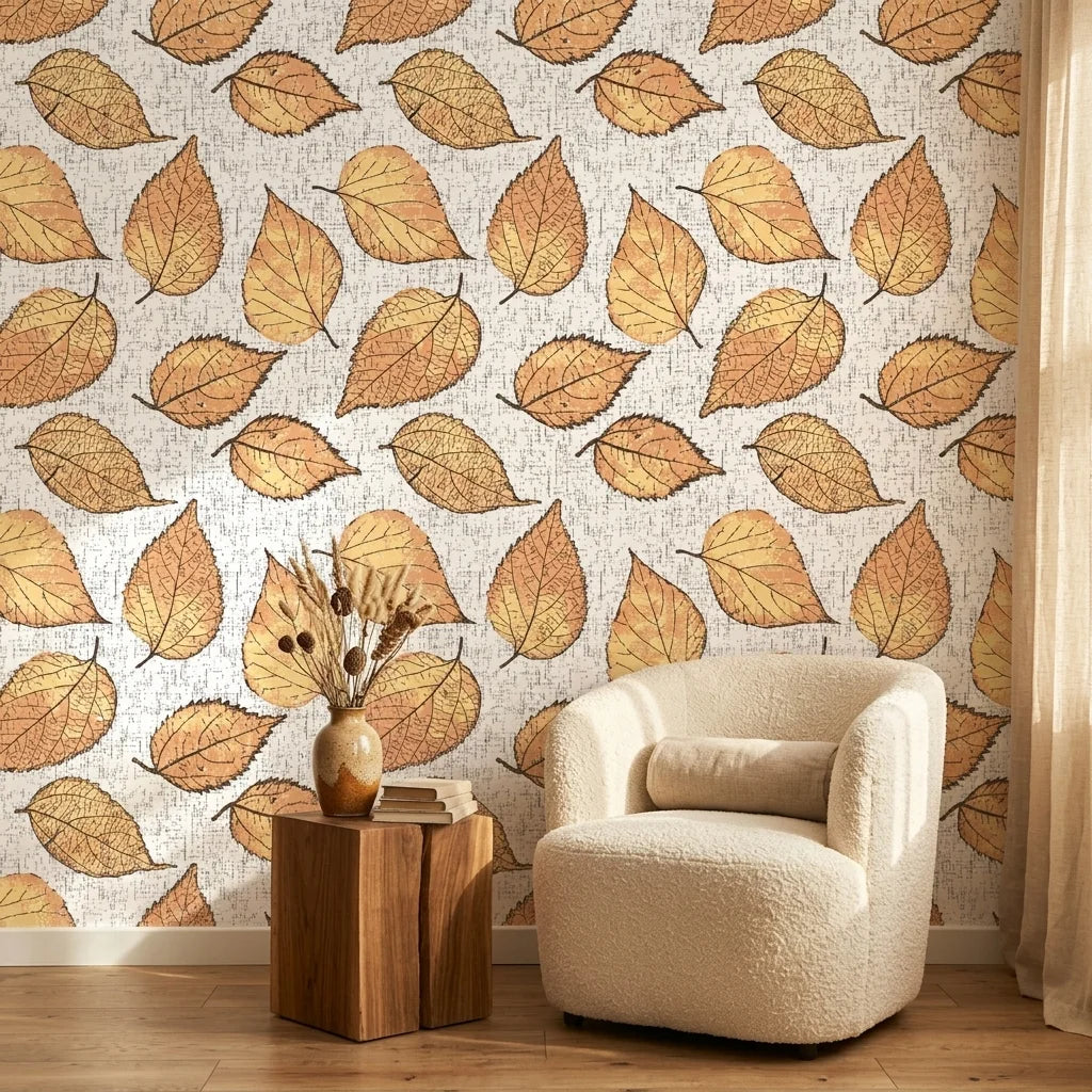 Ancient Ground beige botanical leaf wallpaper in a warm and inviting living room