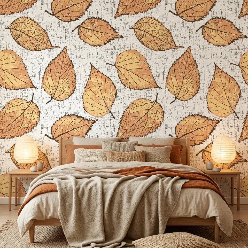 Ancient Ground beige botanical leaf wallpaper adding character to a cozy bedroom