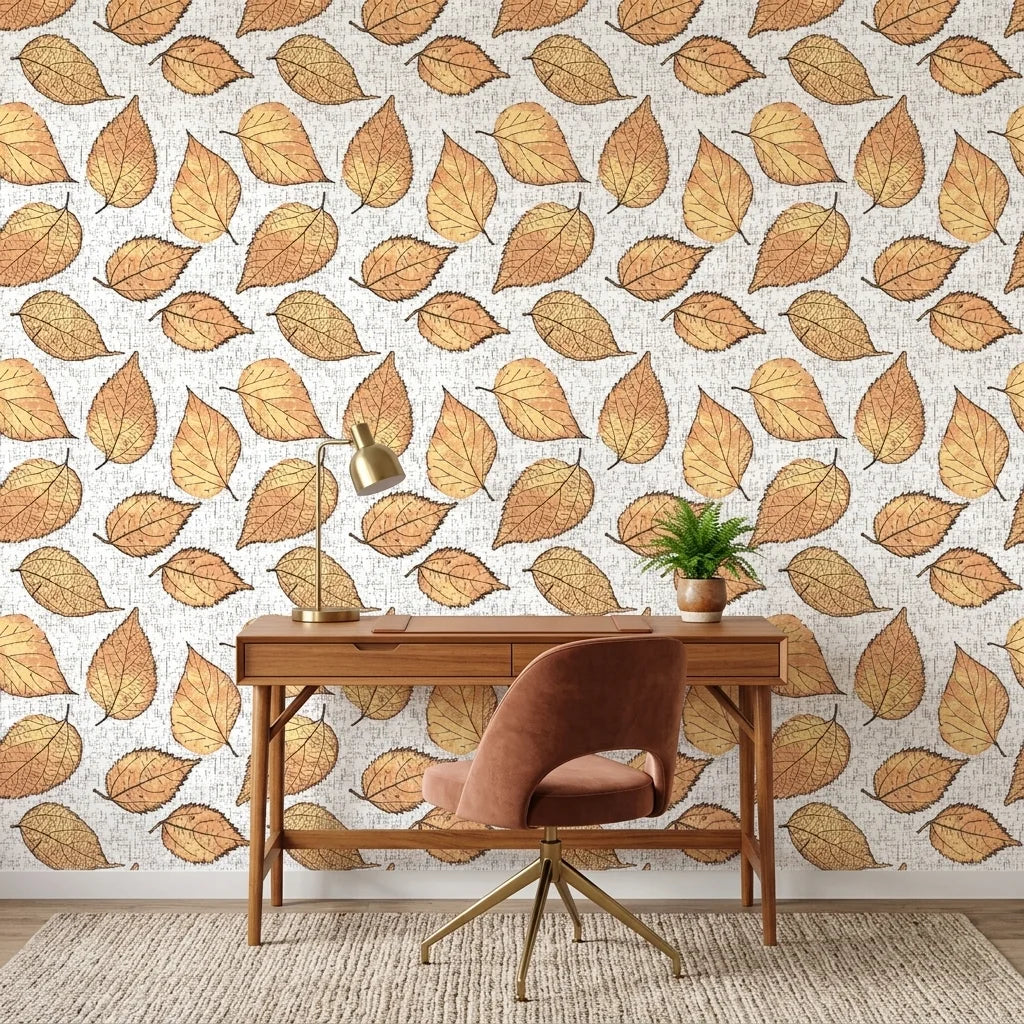 Ancient Ground beige botanical leaf wallpaper as a feature wall in a bright home office