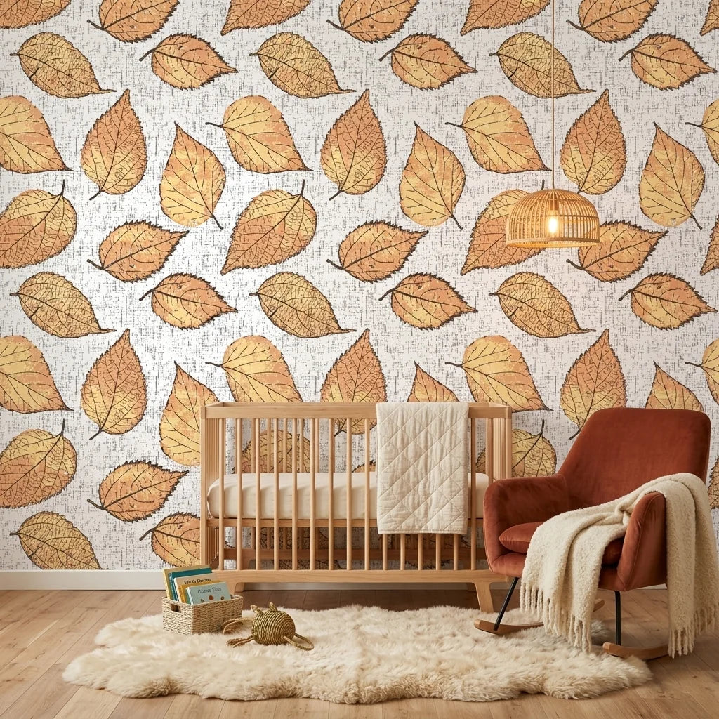Ancient Ground beige botanical leaf wallpaper creating ambiance in a serene bathroom