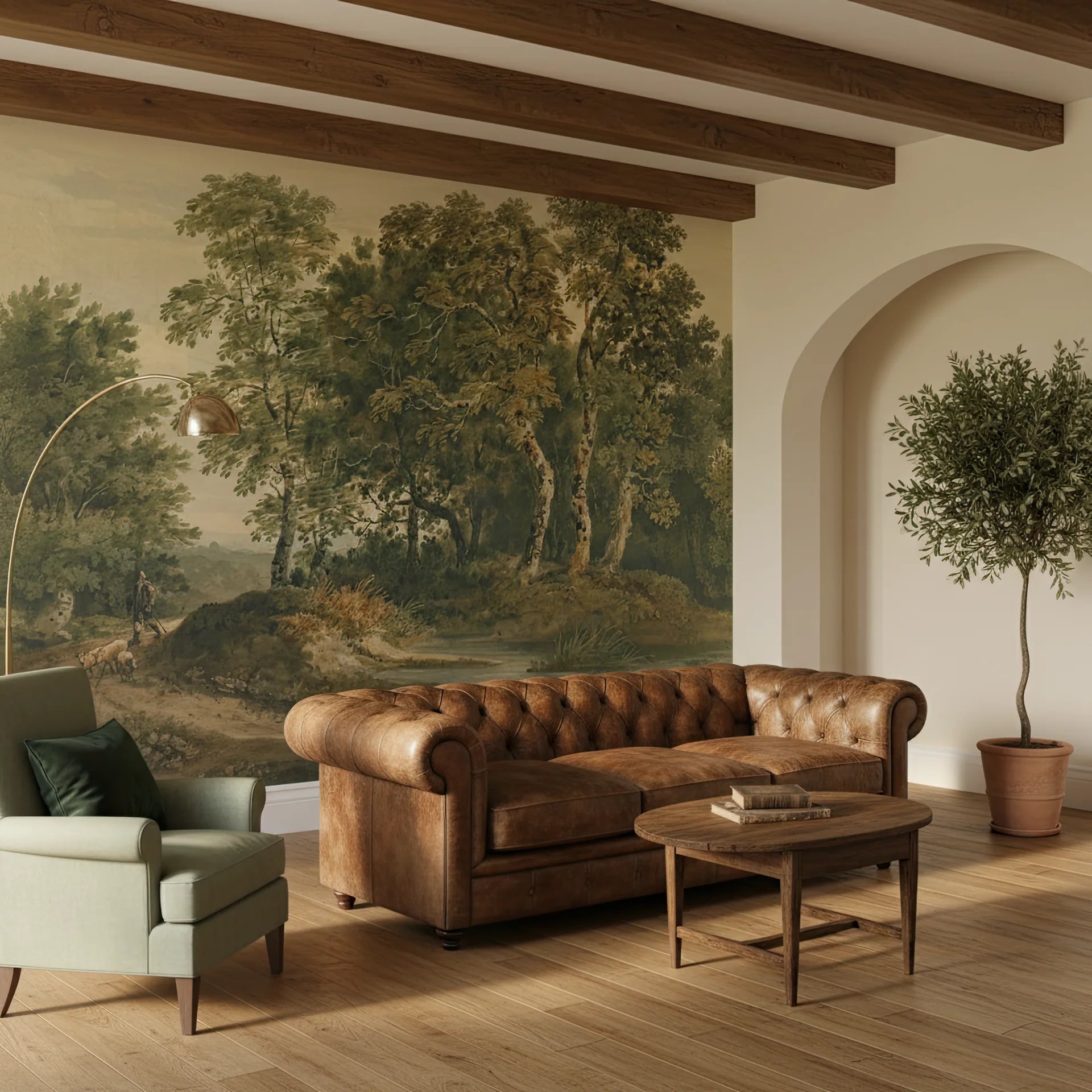 Vintage forest landscape Ancient Woodland wallpaper mural in earthy greens and browns on rustic living room wall