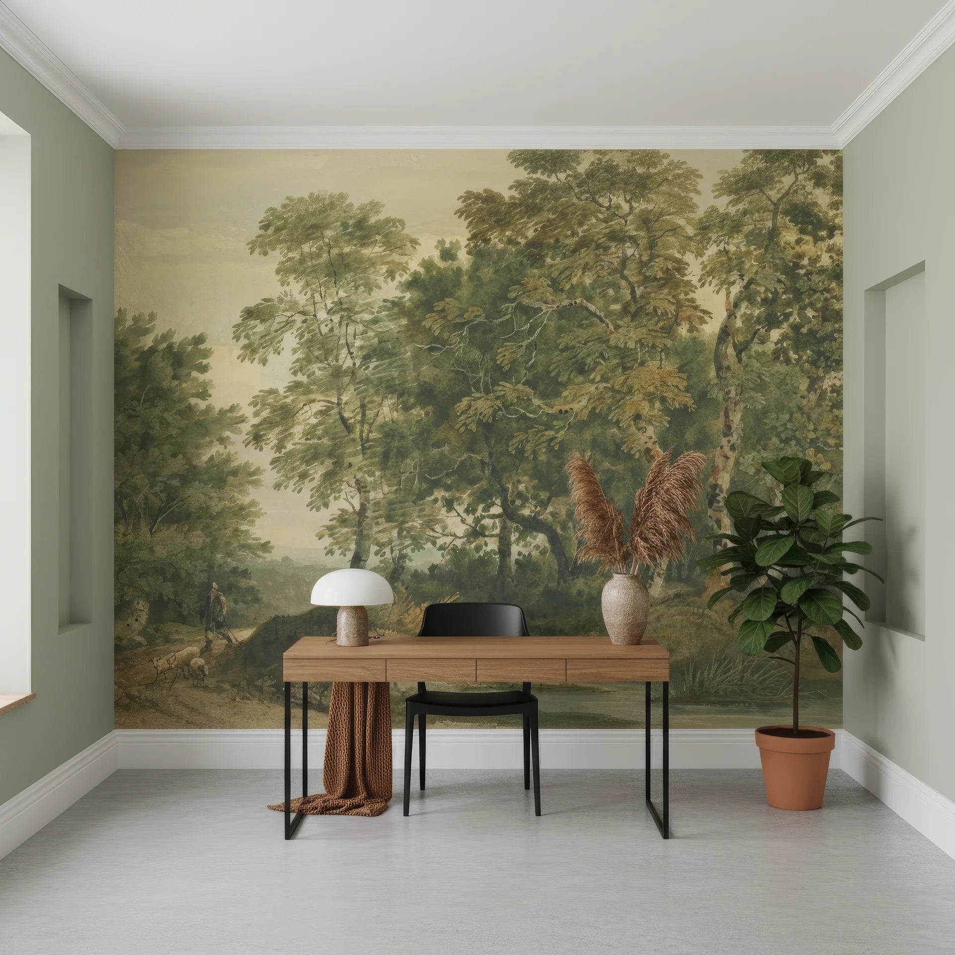 Vintage forest landscape Ancient Woodland wallpaper in sage green tones on modern home office wall