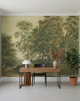 Vintage forest landscape Ancient Woodland wallpaper in sage green tones on modern home office wall