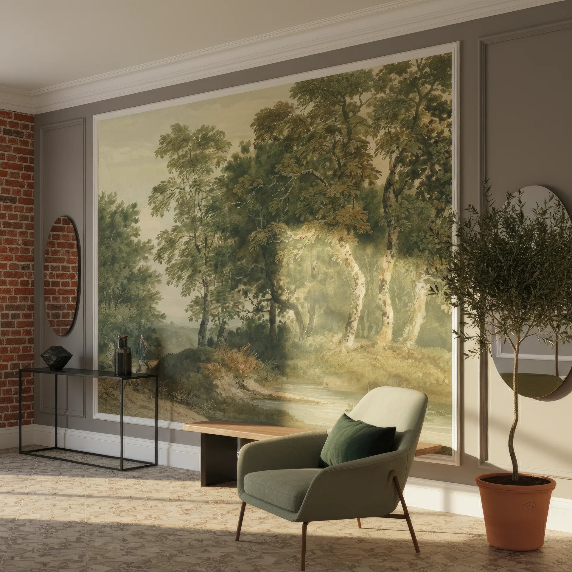 Green and gold Ancient Woodland mural wallpaper showing sunlit forest path in traditional living room