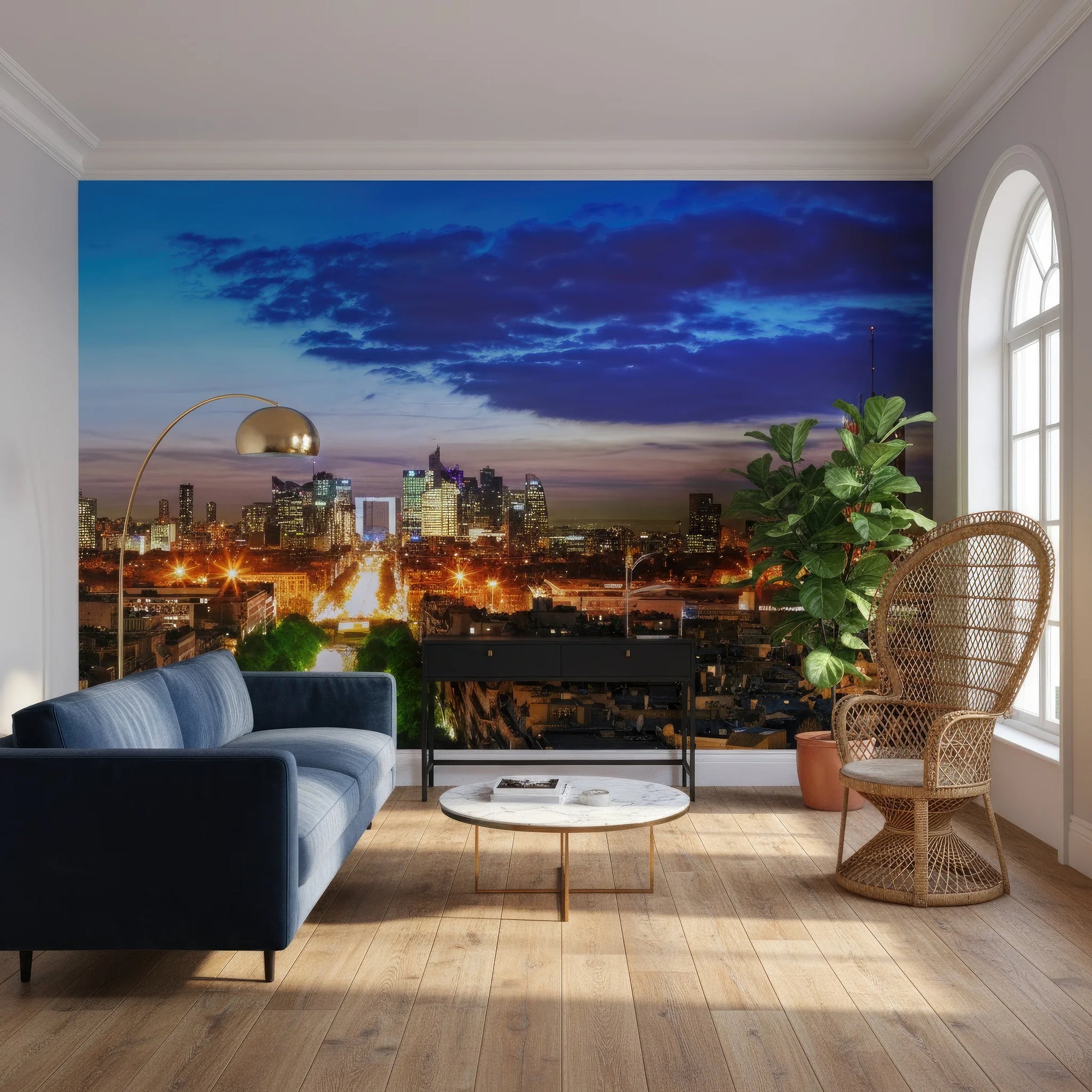 Paris skyline at dusk removable wallpaper mural in modern living room with dramatic blue clouds