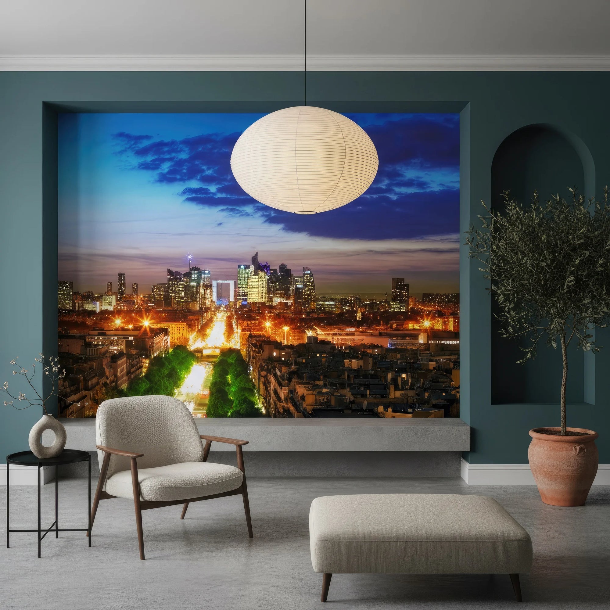 Paris cityscape twilight mural wallpaper featuring illuminated streets and dramatic blue sky in modern living room