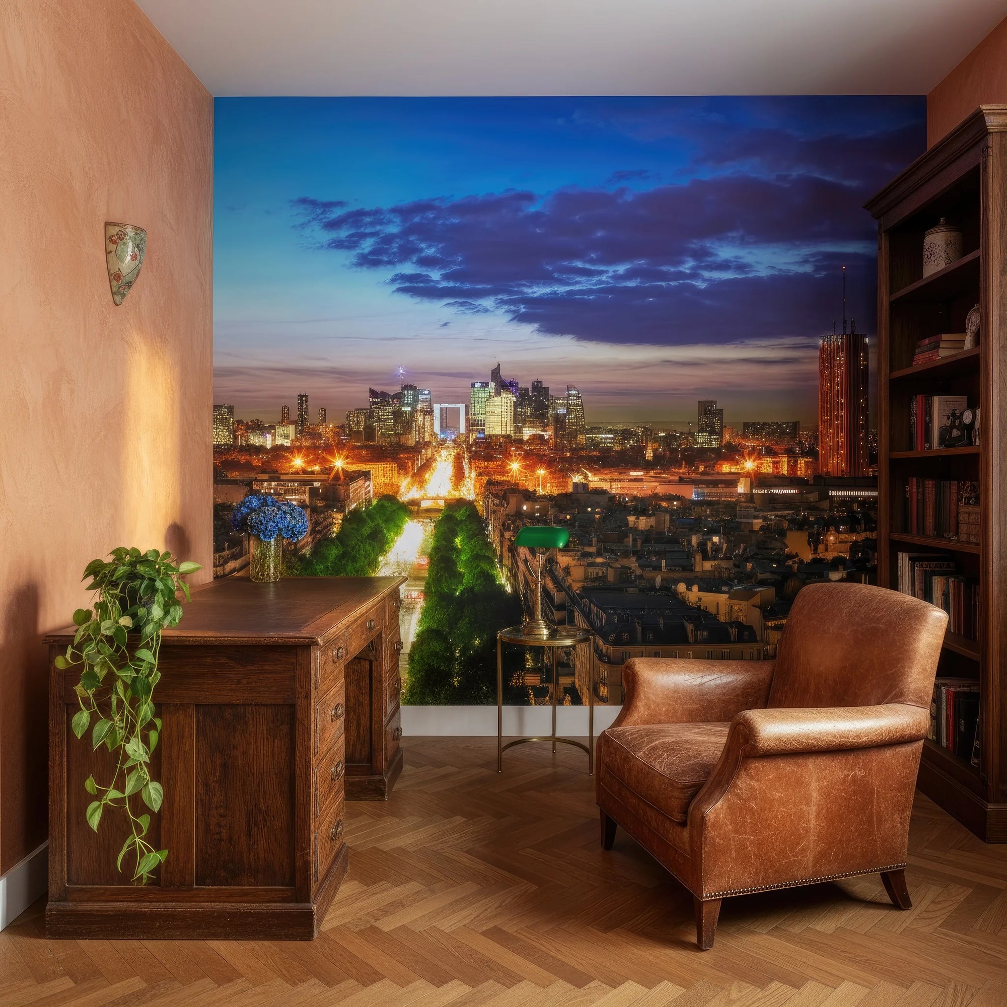 Ancient & Modern cityscape wallpaper mural showing illuminated downtown skyline at dusk in home office setting