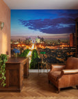 Ancient & Modern cityscape wallpaper mural showing illuminated downtown skyline at dusk in home office setting