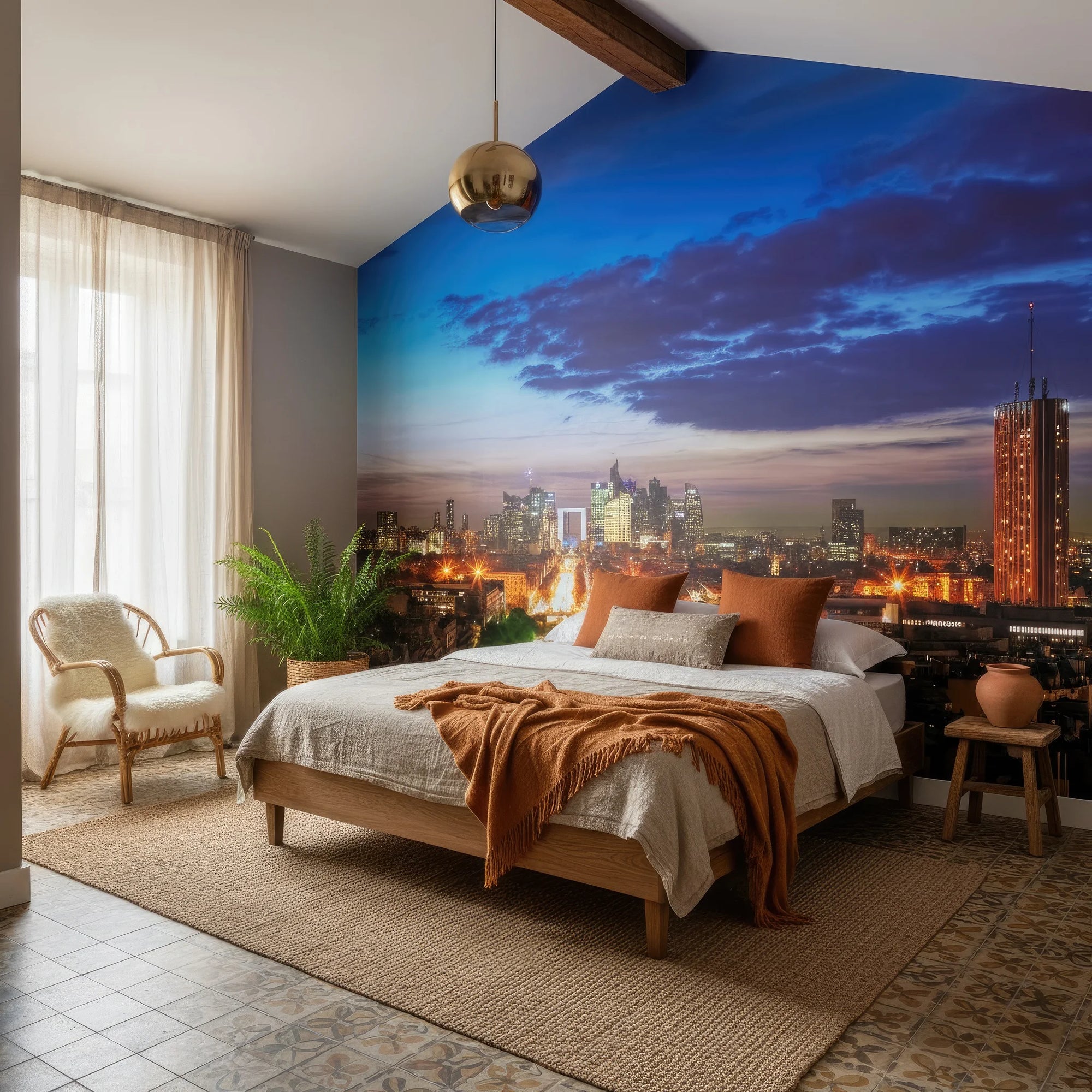 Twilight cityscape Ancient & Modern wallpaper mural transforming modern bedroom accent wall