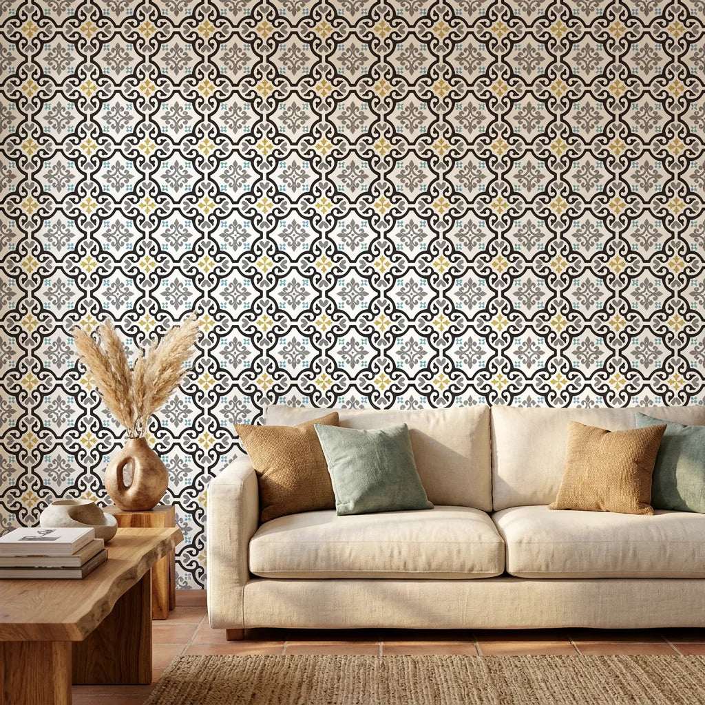 Smooth black, gold, and blue tile pattern peel and stick wallpaper - Andalusian Court