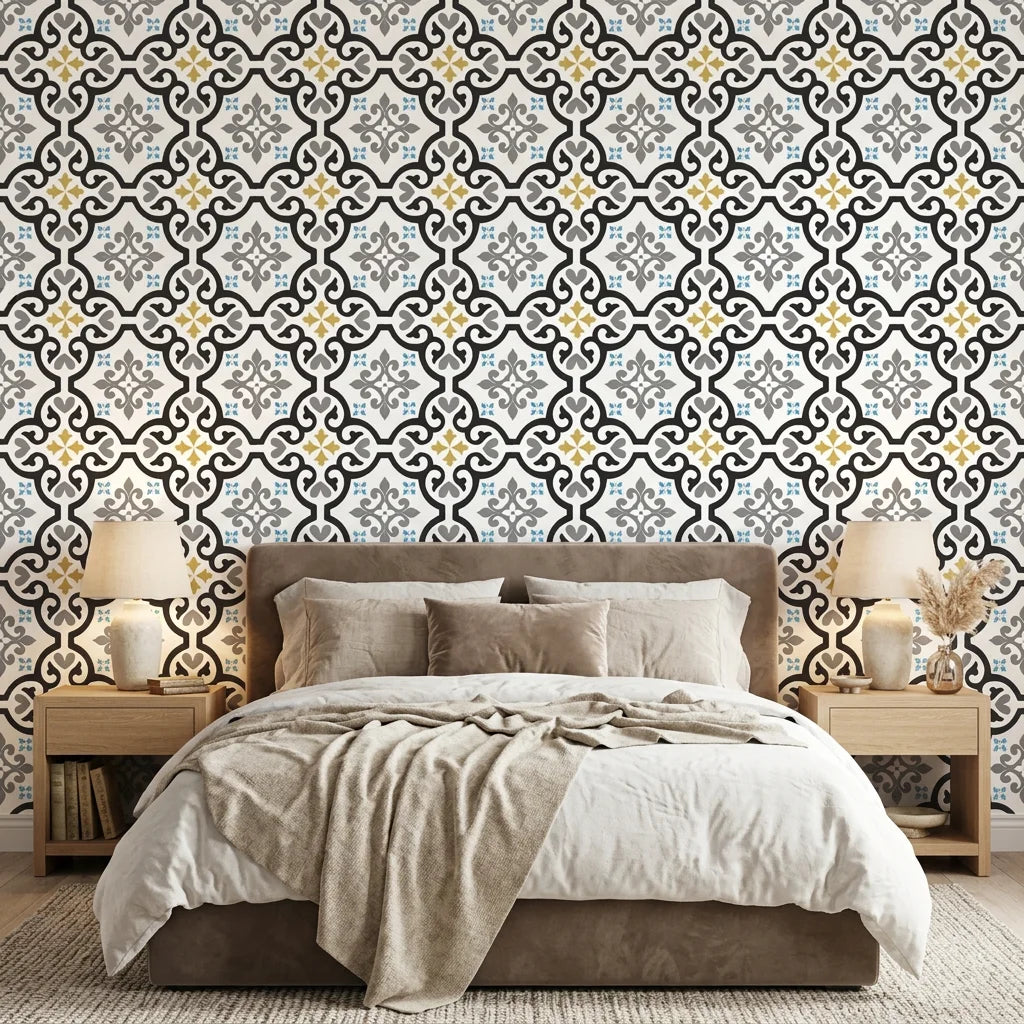 Andalusian Court blue and gold tile peel and stick wallpaper in a warm and inviting living room