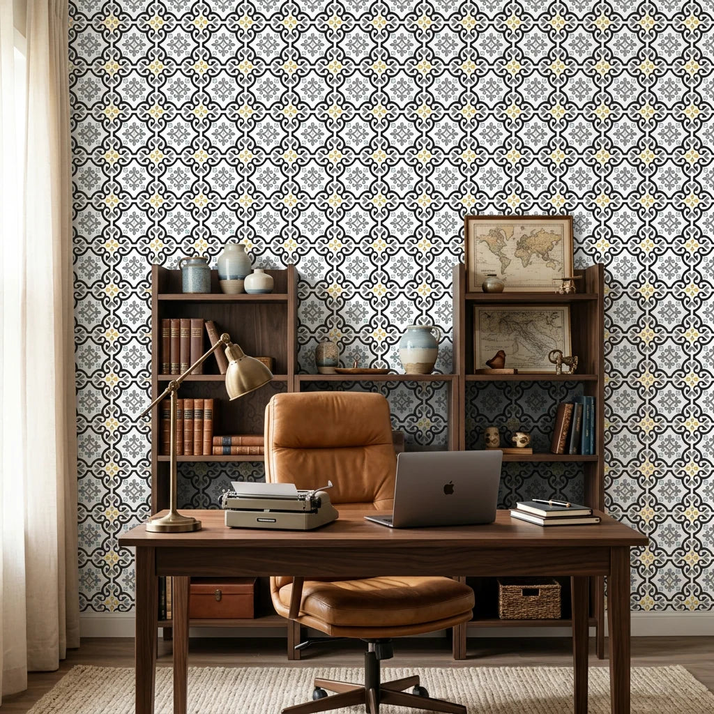 Andalusian Court blue and gold tile peel and stick wallpaper adding character to a cozy bedroom