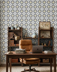 Andalusian Court blue and gold tile peel and stick wallpaper adding character to a cozy bedroom