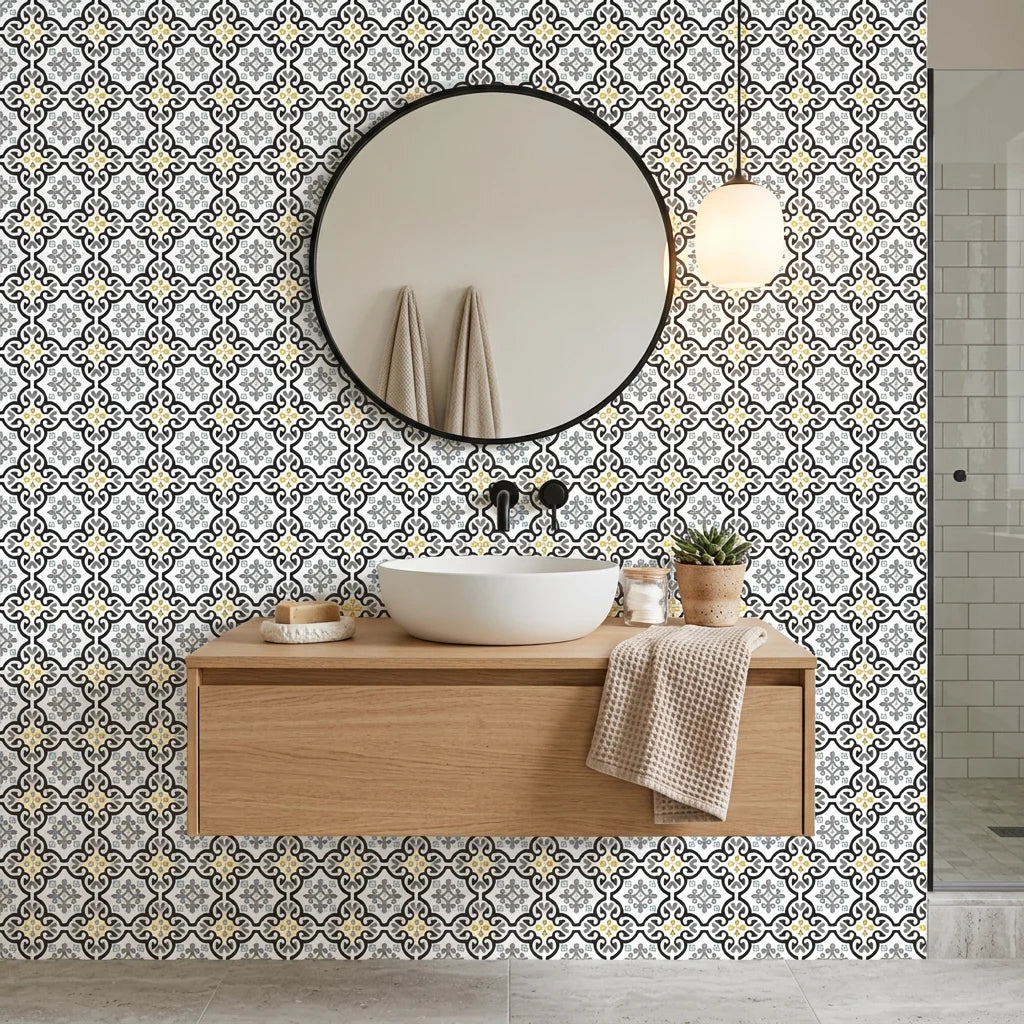 Andalusian Court blue and gold tile peel and stick wallpaper as a feature wall in a bright home office
