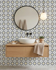Andalusian Court blue and gold tile peel and stick wallpaper as a feature wall in a bright home office