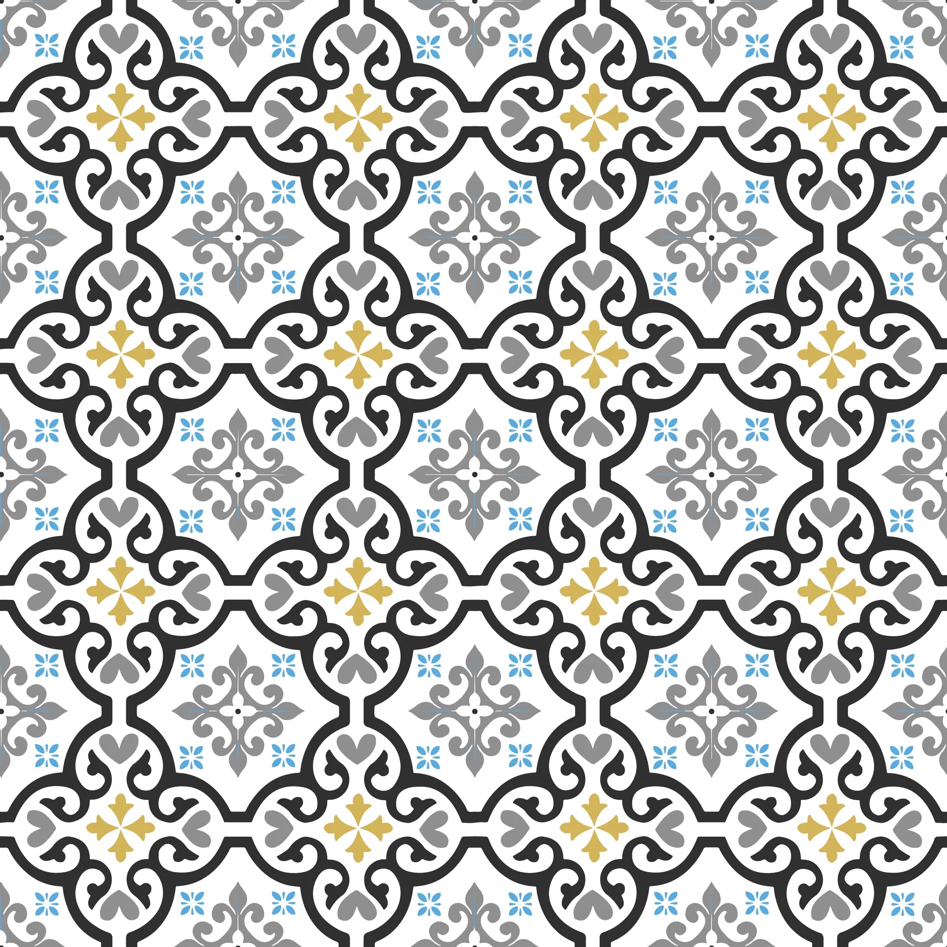 Andalusian Court blue and gold tile peel and stick wallpaper creating ambiance in a serene bathroom