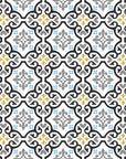 Andalusian Court blue and gold tile peel and stick wallpaper creating ambiance in a serene bathroom
