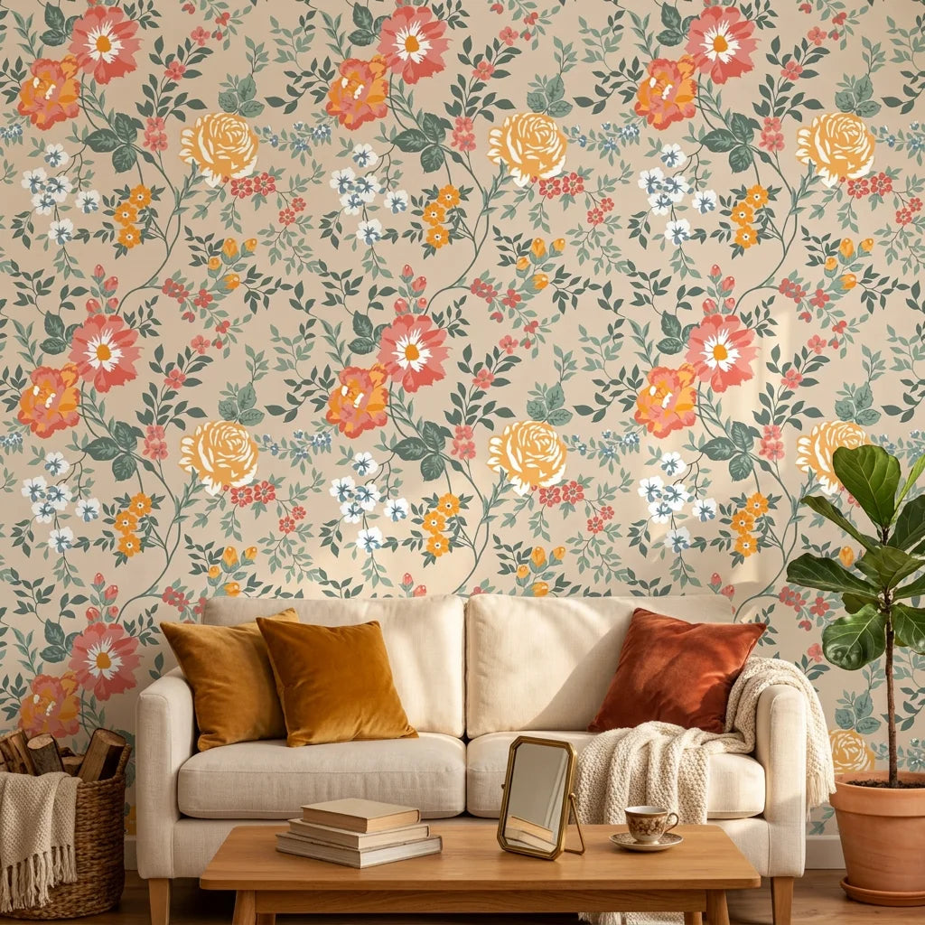 Smooth beige floral vintage peel and stick wallpaper - Anemone Drift
