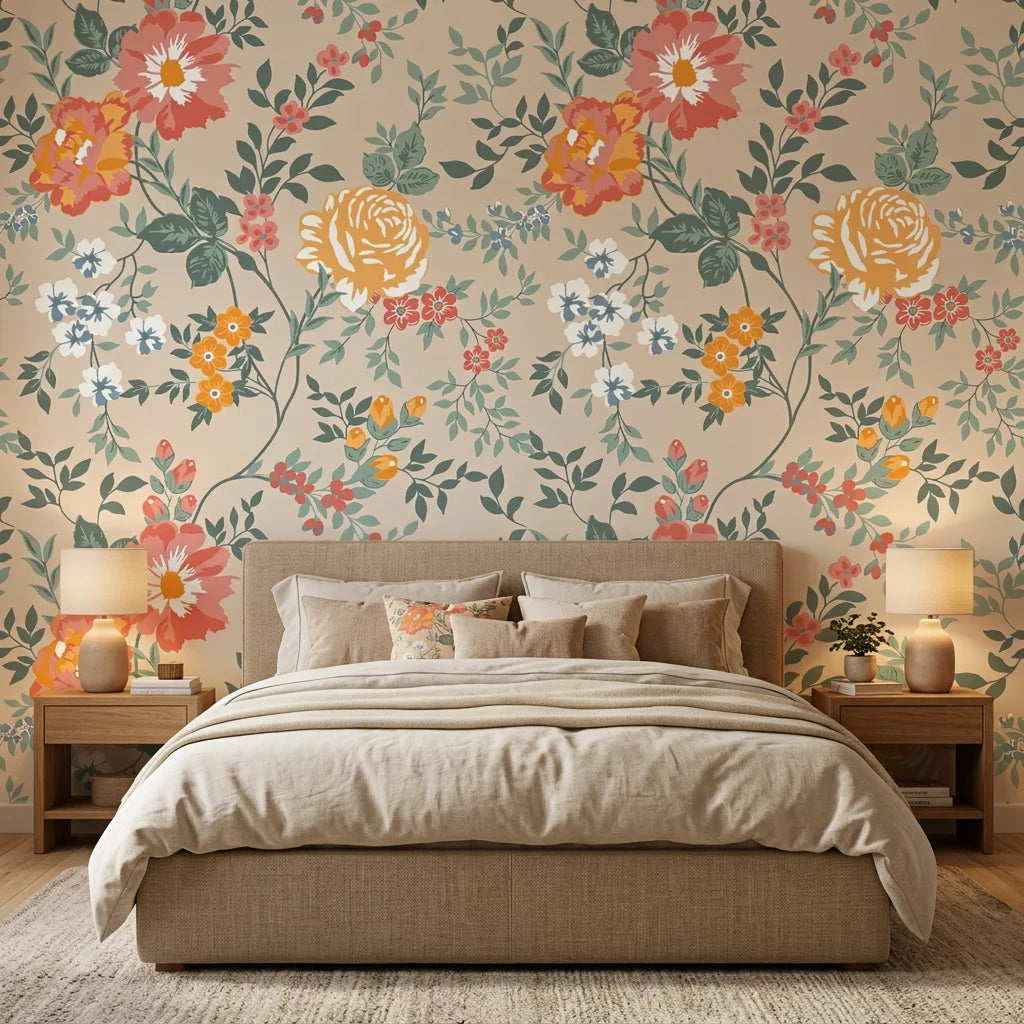 Anemone Drift vintage floral peel and stick wallpaper in a warm and inviting living room