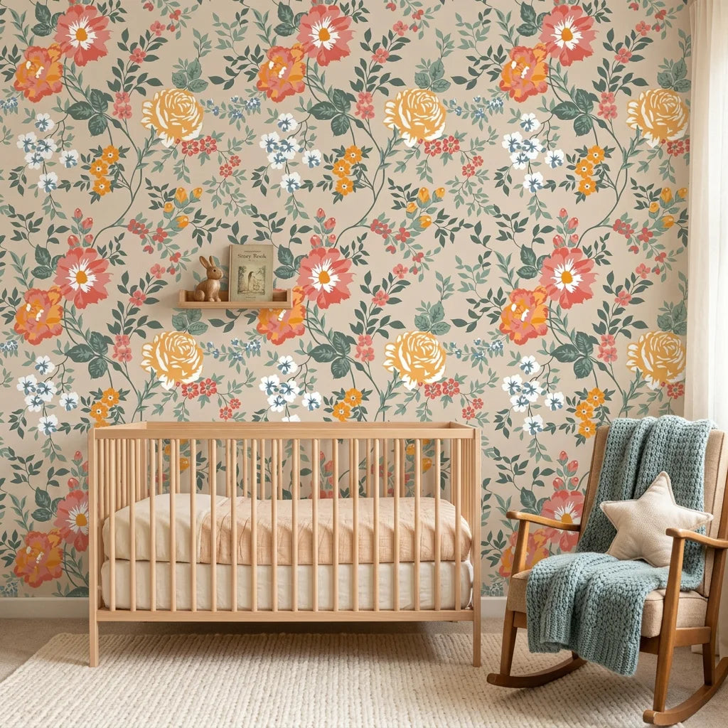 Anemone Drift vintage floral peel and stick wallpaper adding character to a cozy bedroom