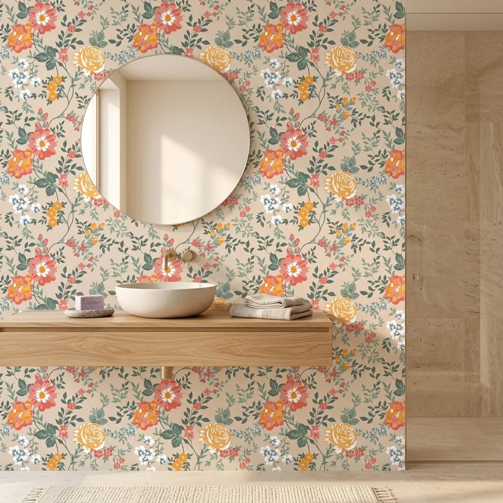 Anemone Drift vintage floral peel and stick wallpaper as a feature wall in a bright home office
