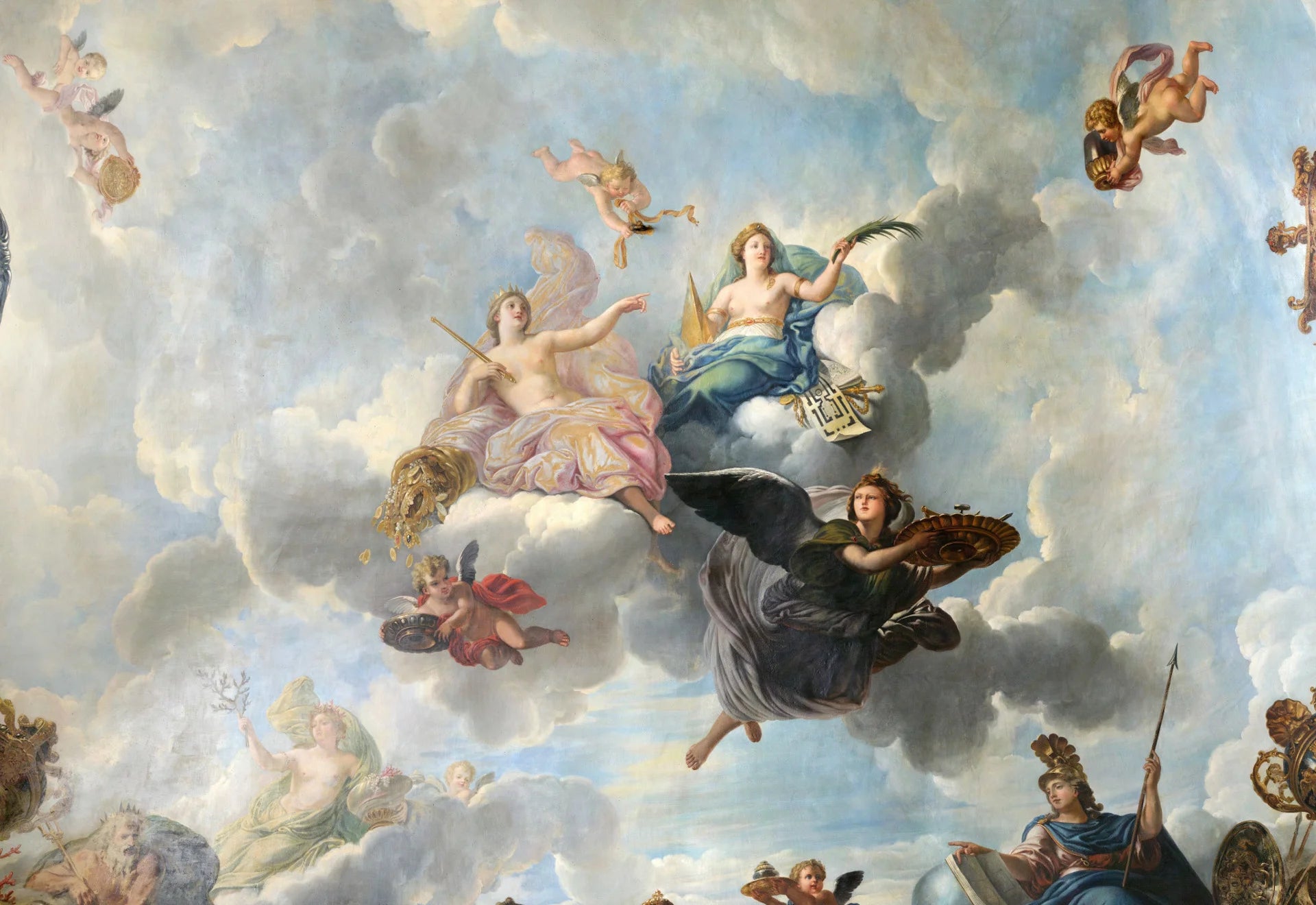 Baroque Angels Above wallpaper featuring classical cherubs and goddesses in soft blue sky with billowing clouds