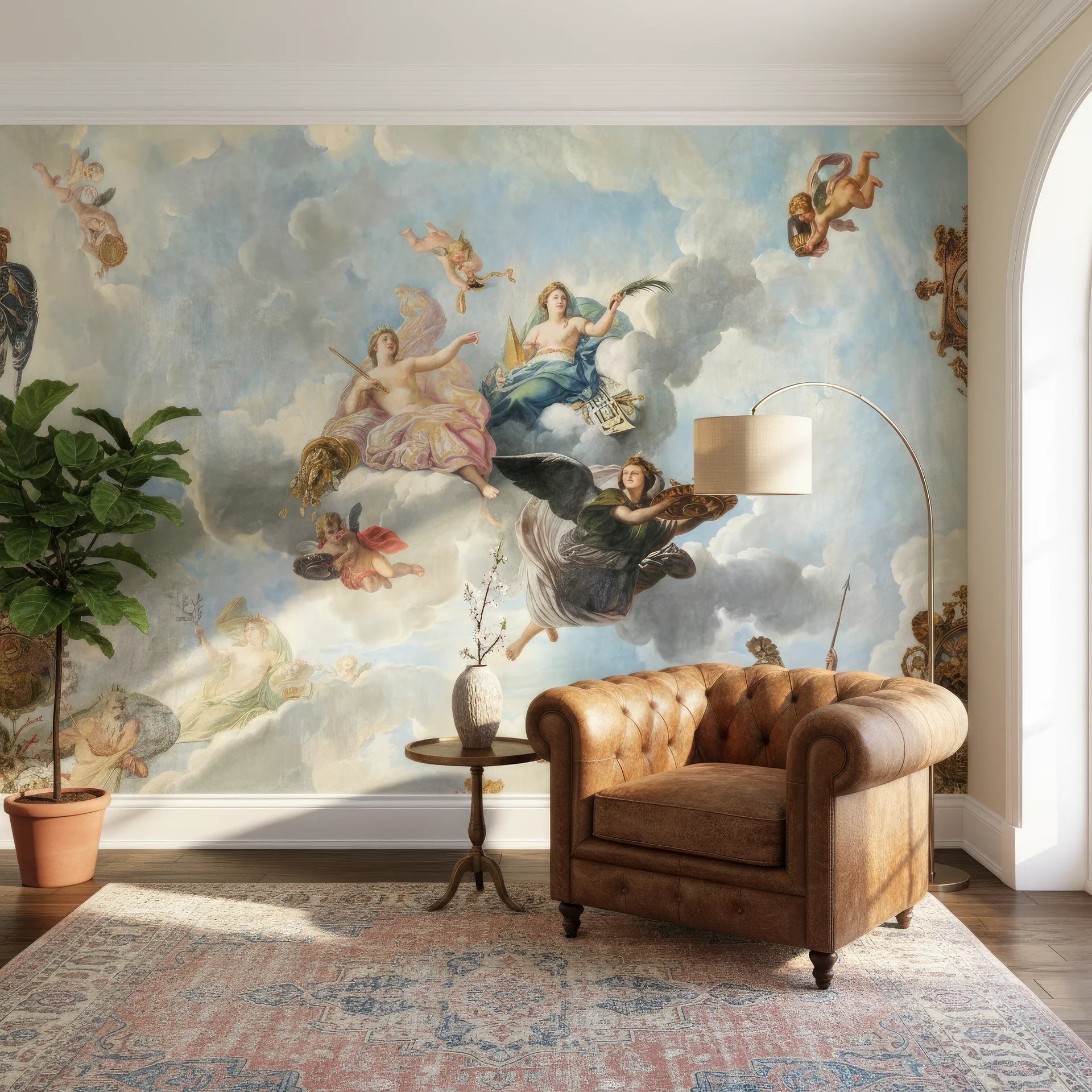 Classical Renaissance fresco Angels Above wallpaper with cherubs on clouds in blue sky, shown in elegant living room