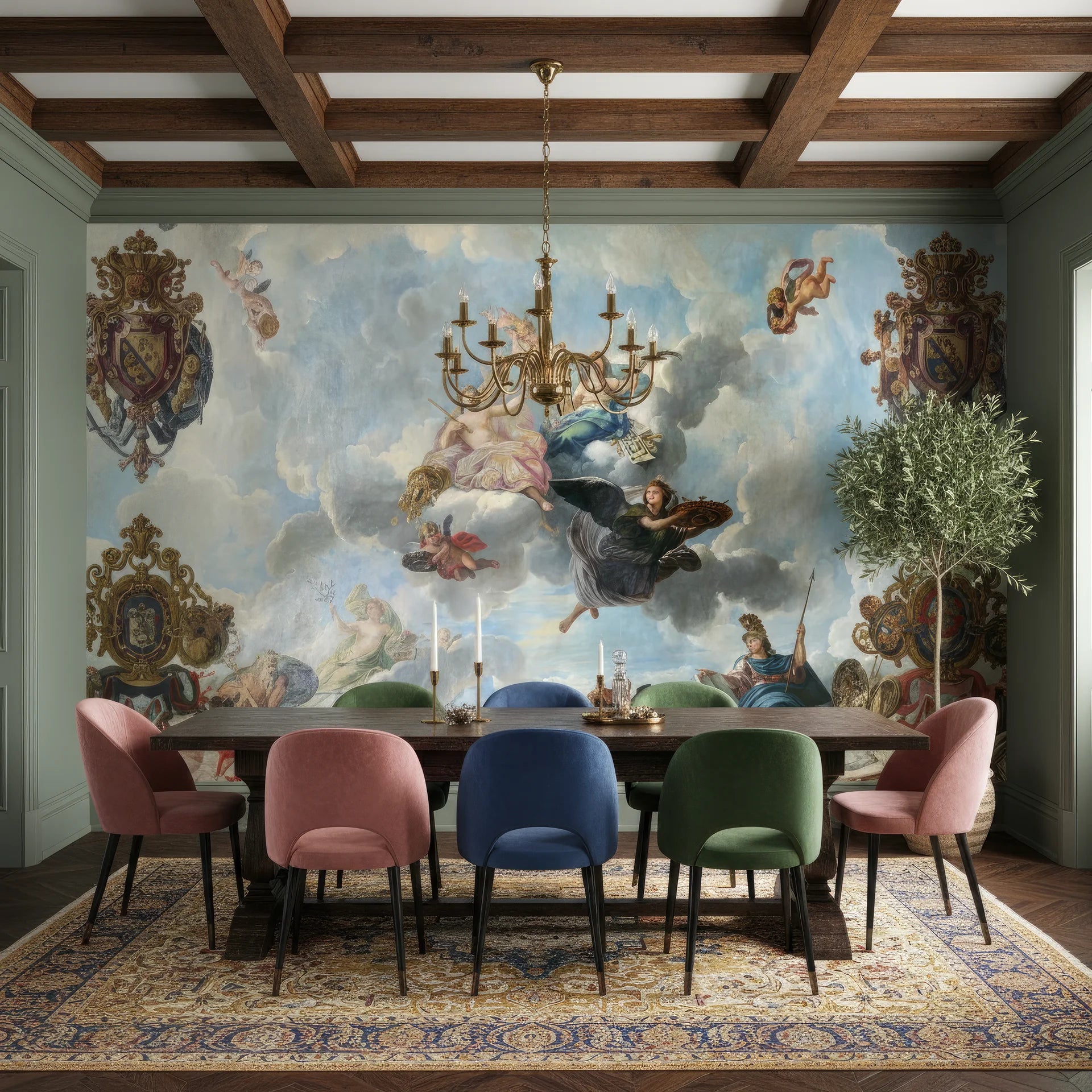 Baroque Angels Above wallpaper mural with cherubs and clouds on sage green dining room wall