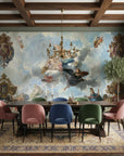 Baroque Angels Above wallpaper mural with cherubs and clouds on sage green dining room wall