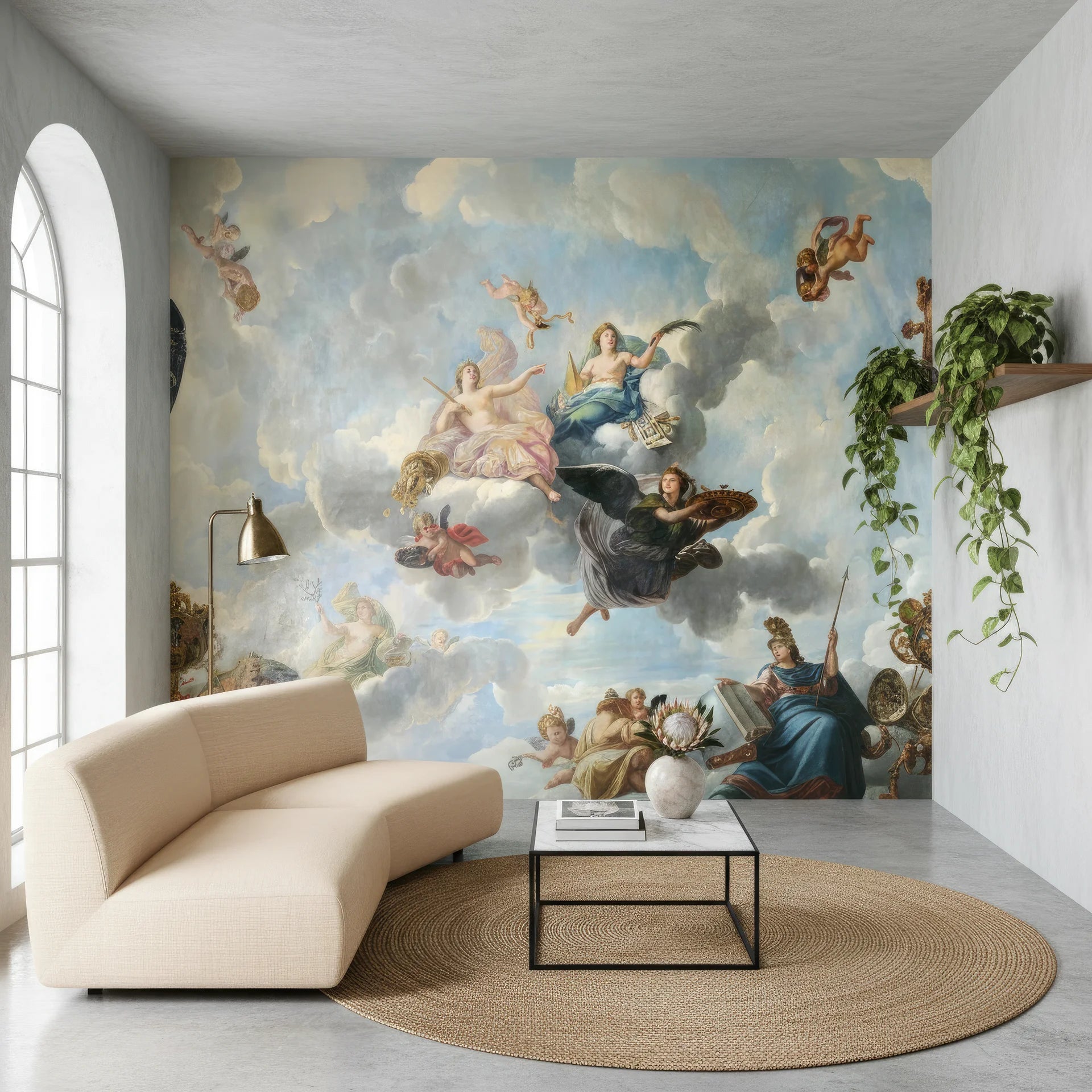 Angels Above Renaissance mural wallpaper featuring celestial figures on clouds in elegant living room setting