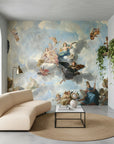 Angels Above Renaissance mural wallpaper featuring celestial figures on clouds in elegant living room setting