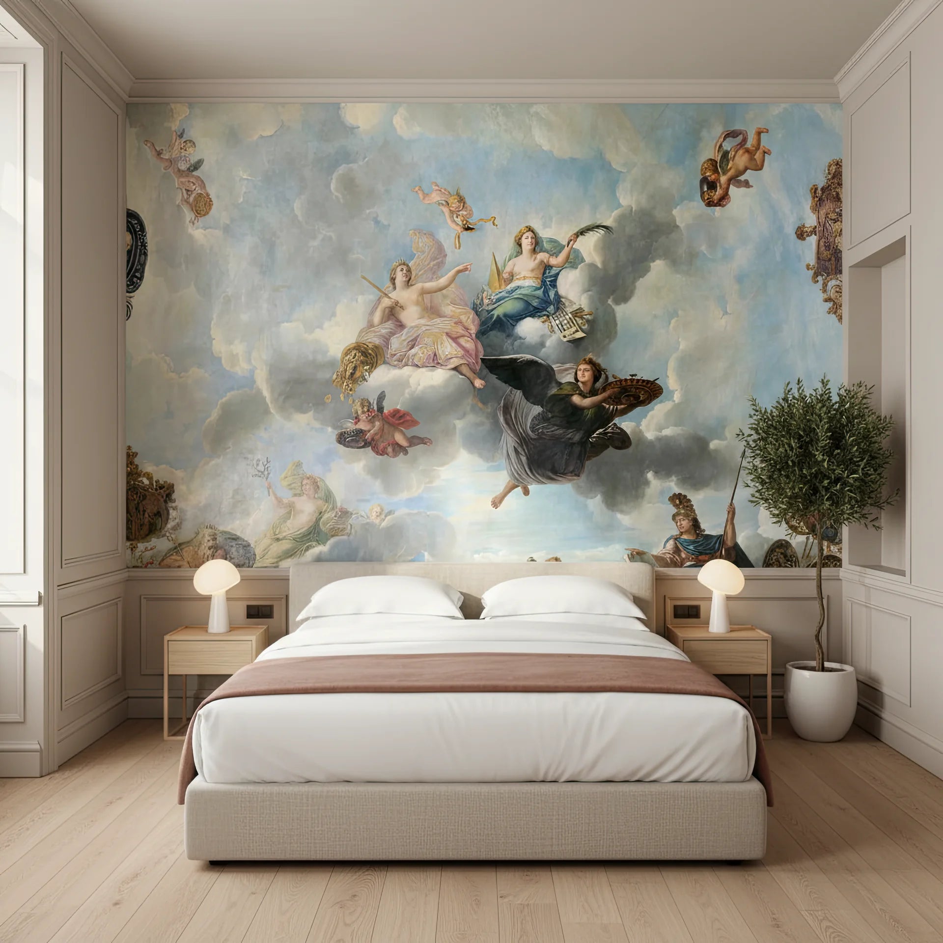 Blue and cream Angels Above Renaissance ceiling mural wallpaper in elegant bedroom setting